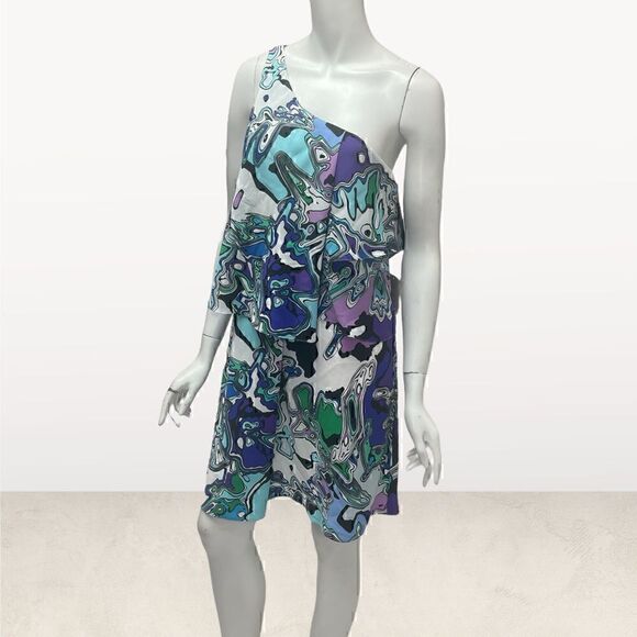 Suzi Chin One Shoulder Retro 70’s Print Tiered Dress - Picture 3 of 7